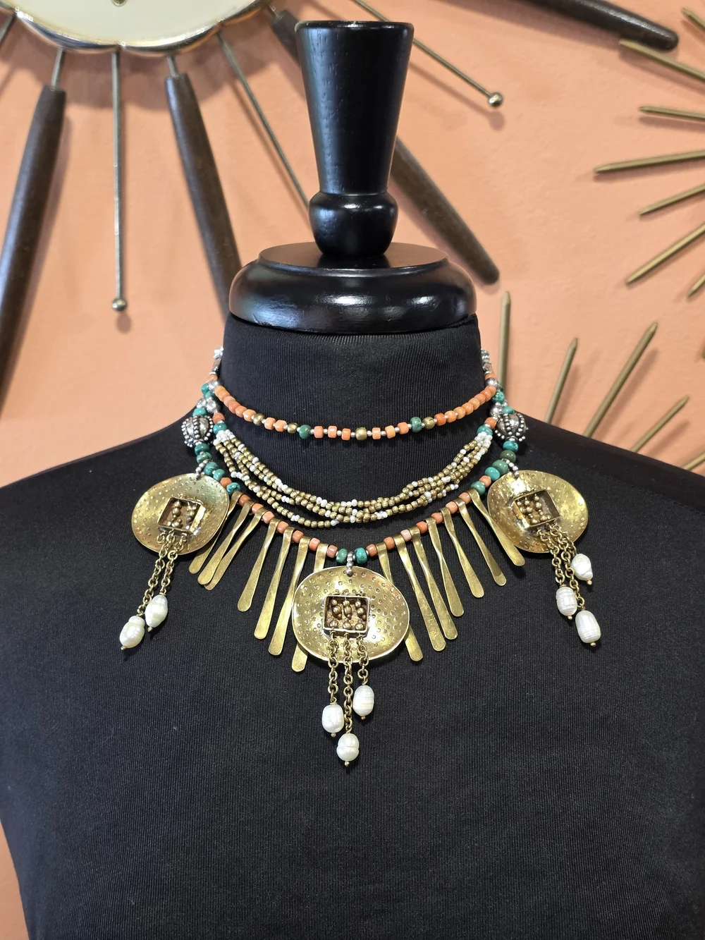 Layered Gold Medallion Necklace with Turquoise and Coral Beads